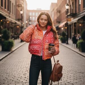 Puffer Jacket cropped Azalea Wang Orange Paisley Bandana Print M Y2K Dopamine
